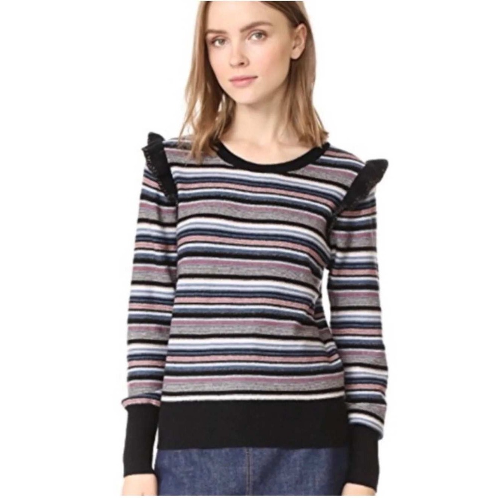 Joie Cais C Wool Cashmere Striped Sweater Ruffle Shoulder Sweater S